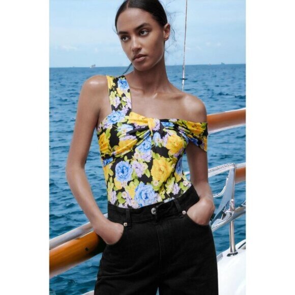 NWOT Zara multicolour floral print asymmetrical wide strap pleated bodysuit, S - Picture 2 of 12